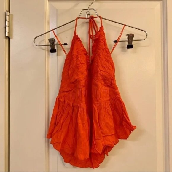 Free People Orange Red Hooked on You Halter Top Skirt Co-ord 2-Piece Set - Picture 6 of 12